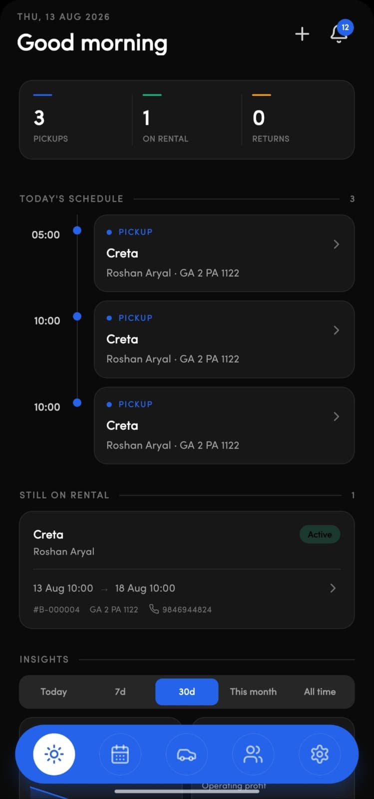 The Rentrovia mobile app in English, showing today's pickups and returns on a time-ordered schedule.